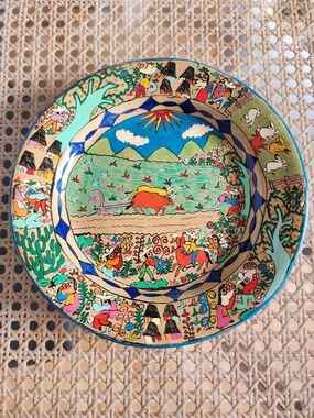 GORGEOUS Mexican Folk Art, Story, Terracotta Handpainted Wall Art Plate Signed